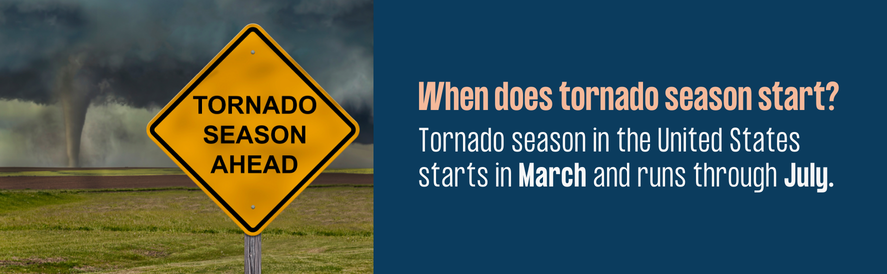 text: Tornado season in the United States starts in March and runs through July.  image: a tornado in the background and a tornado season ahead warning sign in the foreground