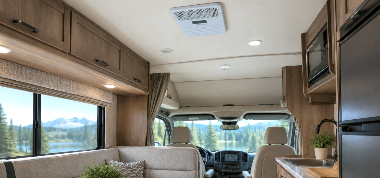 Interior view of a MrCool TravelCool RV Inverter System Air Distribution Box: installed on the ceiling of a driving  RV
