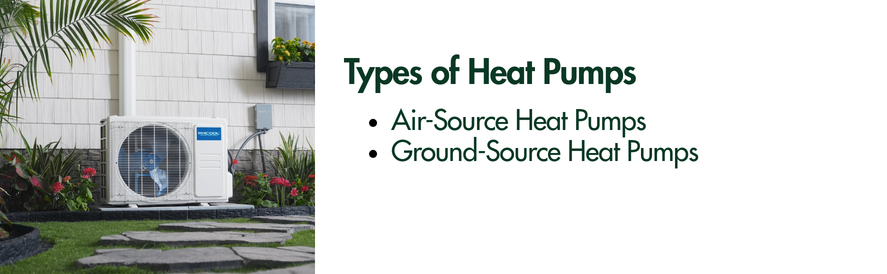 Types of Heat Pumps Text: air-source heat pumps, ground-source heat pumps image: a MrCool side dishcarge heat pump condenser