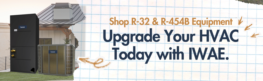 text: Shop R-32 & R-454B Equipment image: IWAE R-454B split system heat pump