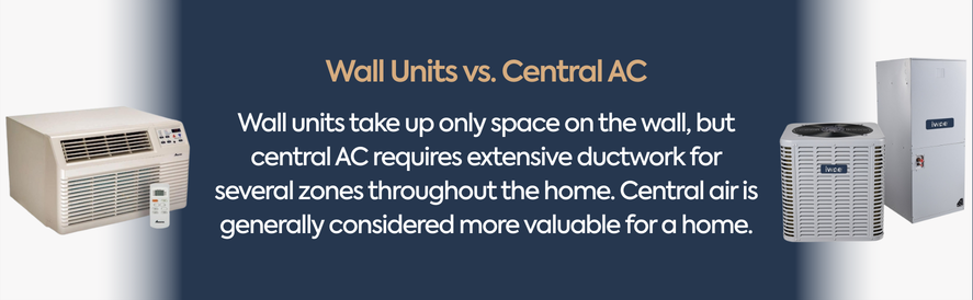 text: Wall units take up only space on the wall, but central AC requires extensive ductwork for several zones throughout the home. Central air is generally considered more valuable for a home.