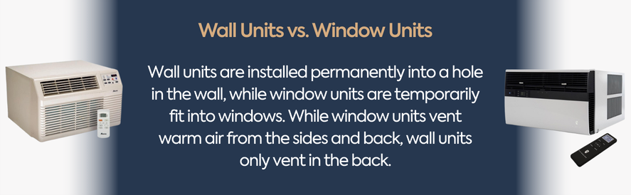 text: Wall units are installed permanently into a hole in the wall, while window units are temporarily fit into windows. While window units vent warm air from the sides and back, wall units only vent in the back.