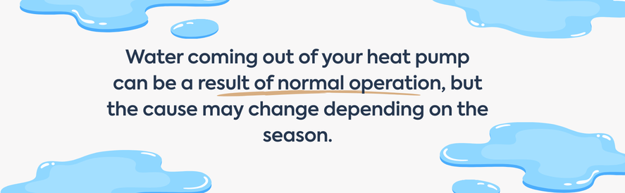 text: Water coming out of your heat pump can be a result of normal operation, but the cause may change depending on the season.