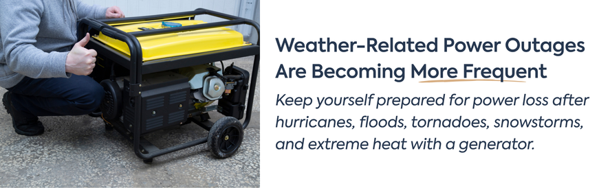 Weather-Related Power Outages Are Becoming More Frequent text: Keep yourself prepared for power loss after hurricanes, floods, tornadoes, snowstorms, and extreme heat with a generator. image: a yellow portable generator and a person holding a thumbs up post.
