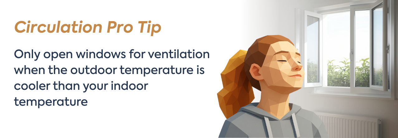 text: Only open windows for ventilation when the outdoor temperature is cooler than your indoor temperature